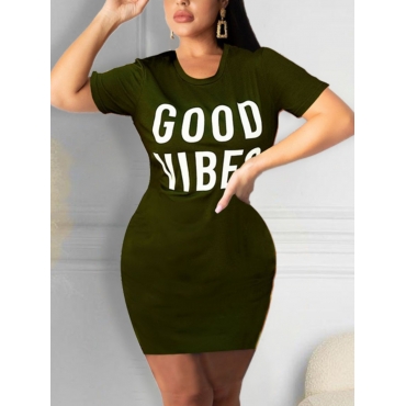 

LW BASICS Round Neck Letter Print Dress, Army green