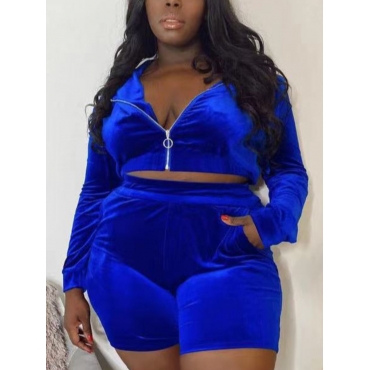 

LW Plus Size Hooded Collar Zipper Design Shorts Set, Blue