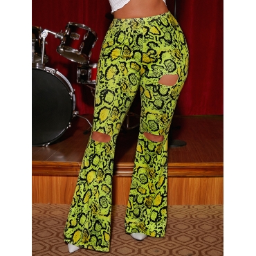 

LW Cobra Print Ripped Flared Pants, Yellow