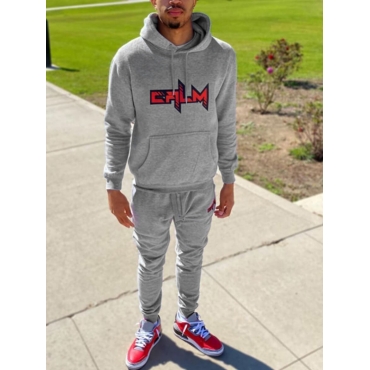 

LW Men Casual Hooded Collar Print Loose Grey Two-piece Pants Set