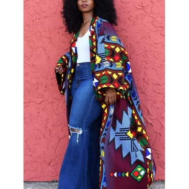 

LW Plus Size Geometric Print Oversized Coat, Blue