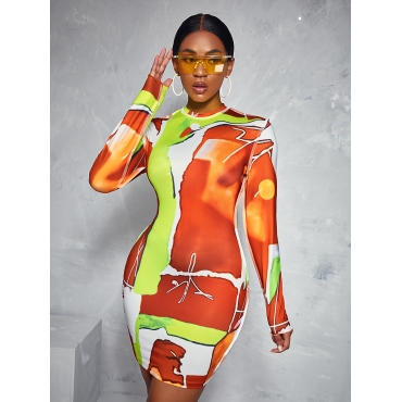 

LW Print Patchwork Bodycon Dress, Caramel color
