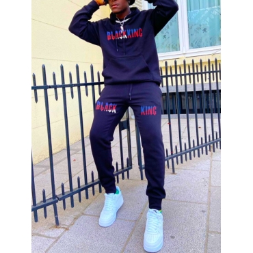 

LW Men Hooded Collar Letter Print Pants Set, Navy blue
