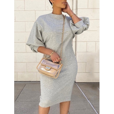 

LW BASICS Round Neck Lantern Sleeve Bodycon Dress, Grey