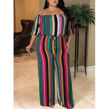 

LW Plus Size Off The Shoulder Striped Jumpsuit, Multicolor mstn