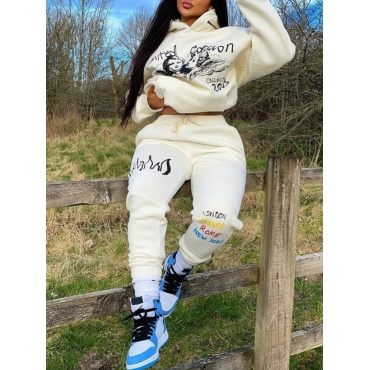 

LW Plus Size Letter Print Oversized Tracksuit Set, Beige