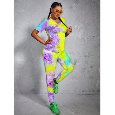 

LW Trendy V Neck Tie Dye Yellow Two Piece Pants Set