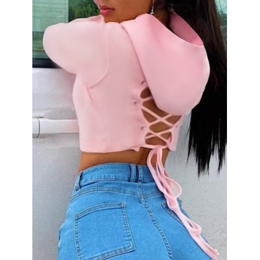 

LW Hooded Collar Bandage Design Crop Top Hoodie, Pink