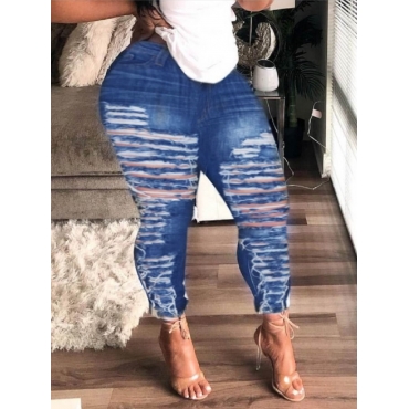 

LW Street Raw Edge Ripped Deep Blue Jeans