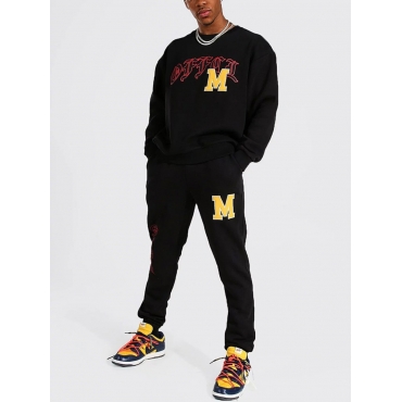 

LW Men Round Neck Letter Print Pants Set, Black