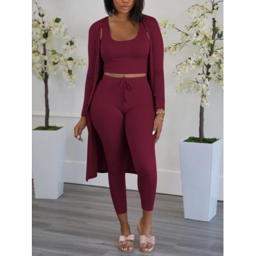 

LW BASICS U Neck Drawstring Three Piece Pants Set, Wine red