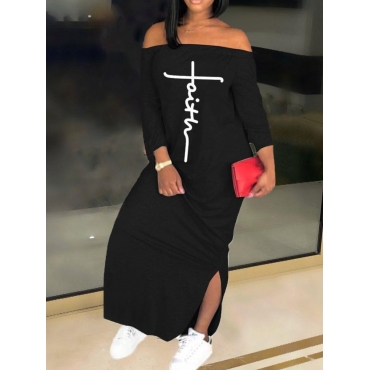 

LW Off The Shoulder Faith Drawing Letter Print Slit Dress, Black