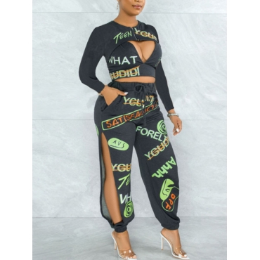 

LW Letter Print Bandage Hollow-out Design Three Piece Pants Set, Dark grey