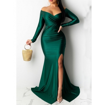 

LW Party V Neck Side Slit Green Trailing Prom Dress