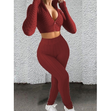 

LW Pineapple Grid Crop Top Tracksuit Set, Wine red