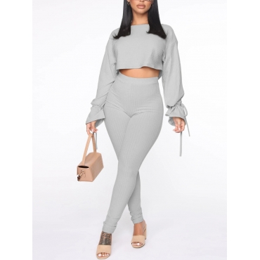 

LW Tie Sleeve Crop Top Pants Set, Grey