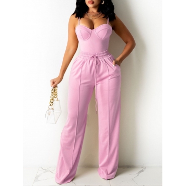 

LW Drawstring Wide Leg Cami Pants Set, Pink