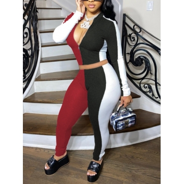 

LW Sportswear Patchwork Zipper Design Red Two Piece Pants Set