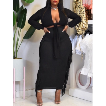 

LW SXY Bandage Tassel Design Skirt Set, Black