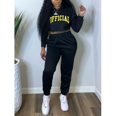 

LW Letter Print Drawstring Tracksuit Set, Black