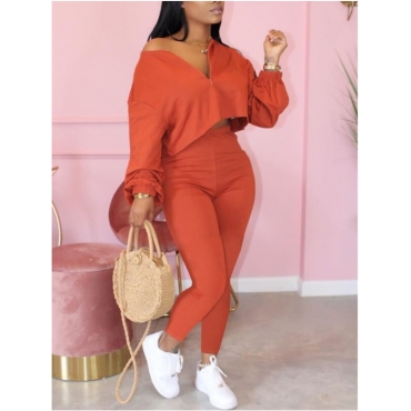 

LW Casual Zipper Design Jacinth Two Piece Pants Set