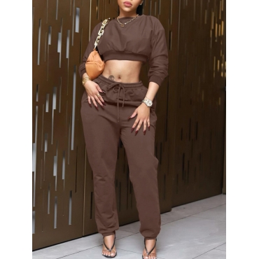 

LW Crop Top Drawstring Pants Set, Coffee