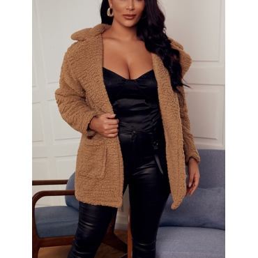 

LW Turndown Collar Pocket Design Faux Fur, Khaki