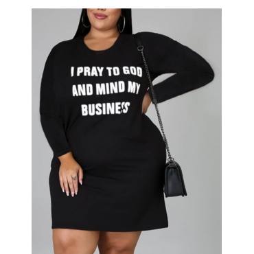 

LW BASICS Plus Size Casual O Neck Letter Print Black Mini Dress