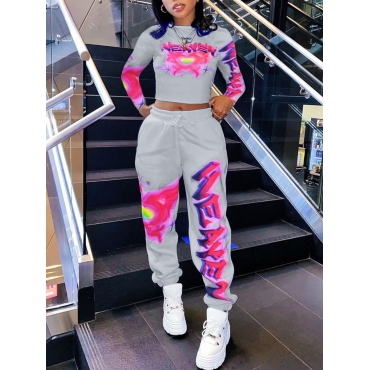 

LW O Neck Letter Print Crop Top Sweatshirt Set, Grey