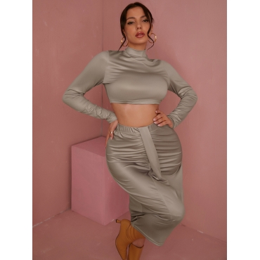 

LW Fold Solid Regular Two-piece Skirt Set, Light camel
