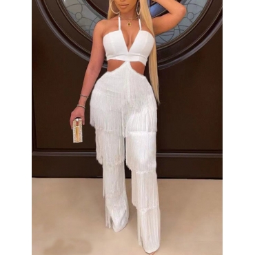 

LW SXY Hollow-out Tassel Design Cami Jumpsuit, White