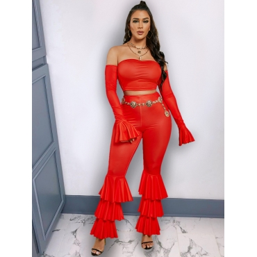 

LW Off The Shoulder Layered Cascading Pants Set, Red