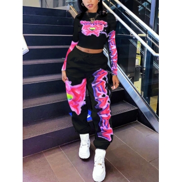 

LW O Neck Print Crop Top Tracksuit Set, Black