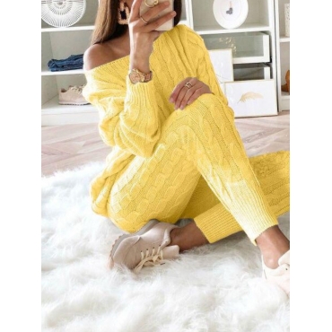 

LW Sweater Drop Shoulder Cable Knit Pants Set, Light yellow
