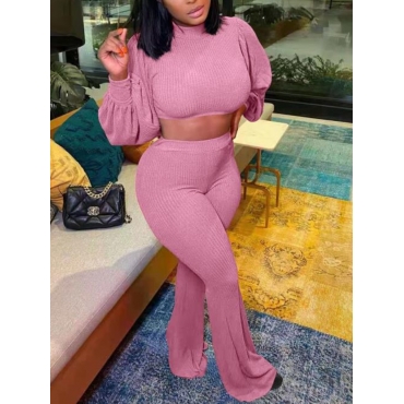 

LW Ruffle Design Crop Top Flared Pants Set, Pink