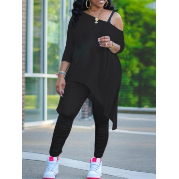 

LW Plus Size Casual Asymmetrical Fold Design Black Two-piece Pants Set