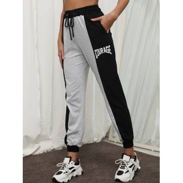 

LW Letter Print Drawstring Patchwork Loose Pants, Black