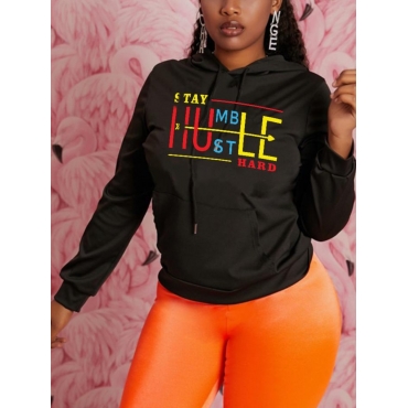 

LW BASICS Letter Print Kangaroo Pocket Hoodie, Black
