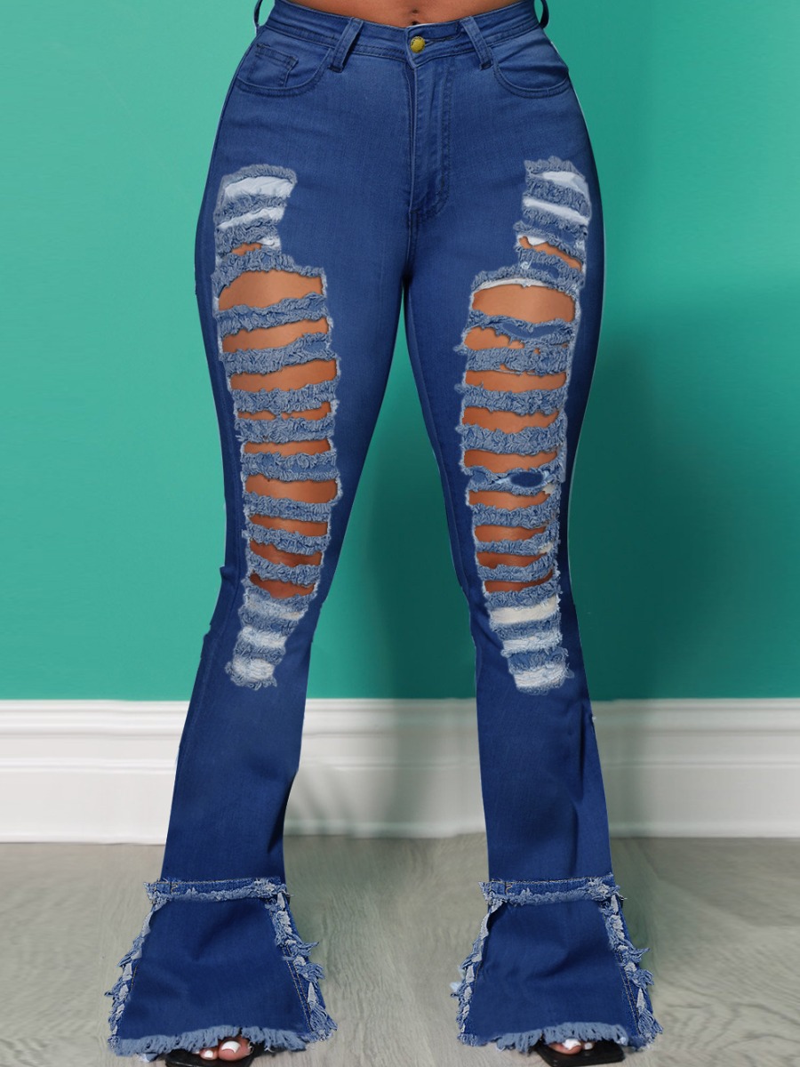 

LW Ripped Solid Flared Jeans, Deep blue