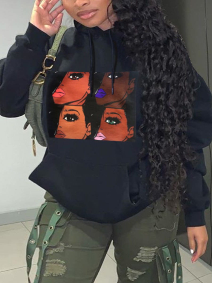 

LW Plus Size Figure Print Pocket Design Hoodie, Black