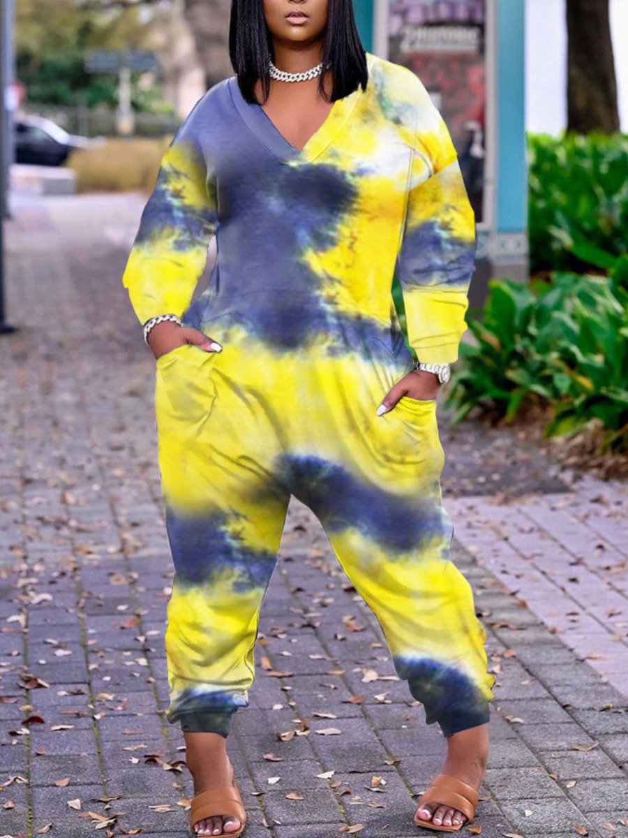 

LW Plus Size Tie Dye Pocket Design Jumpsuit, Yellow