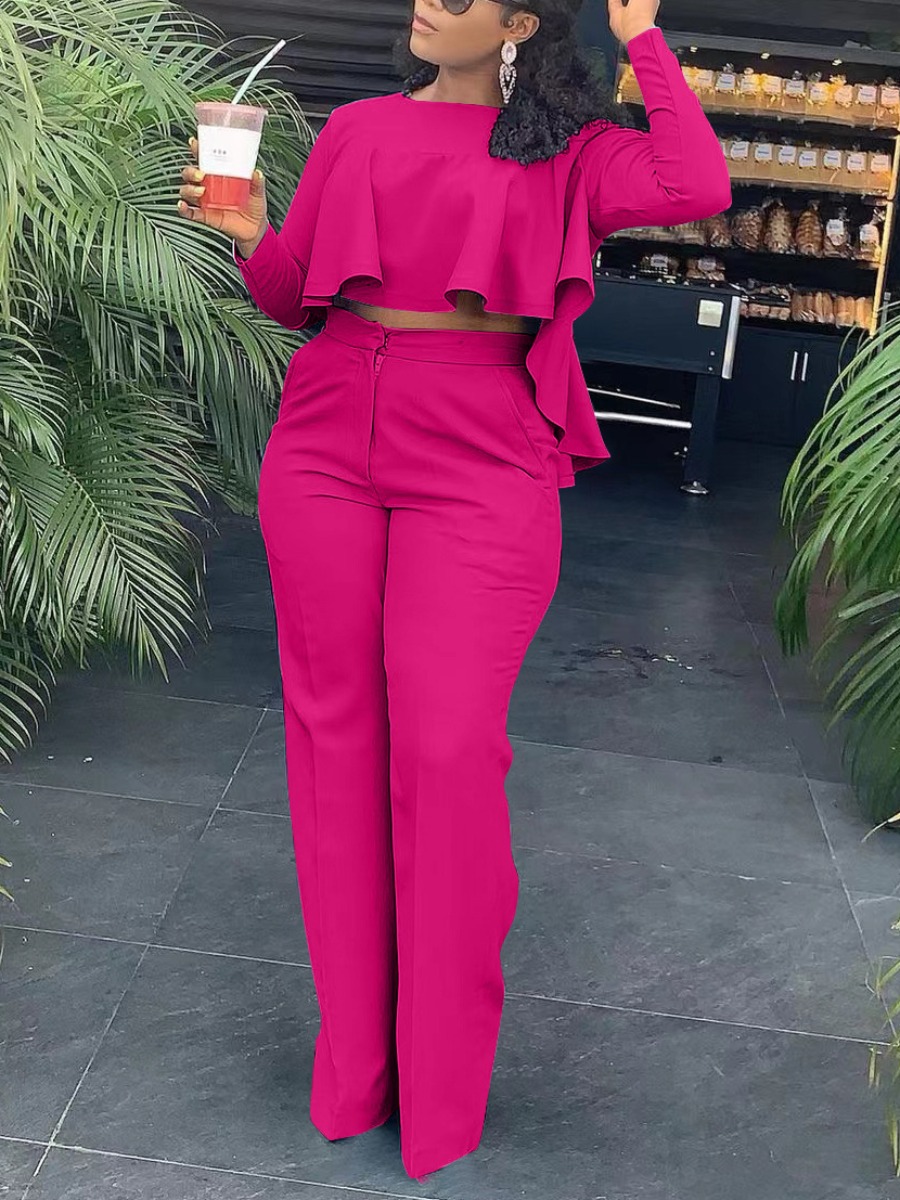 

LW Ruffle Design Asymmetrical Pants Set, Rose red