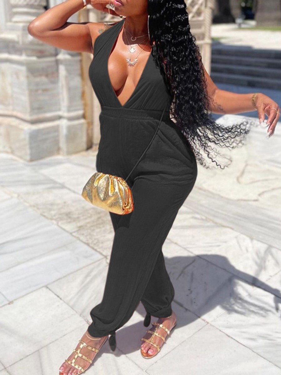 

LW SXY Backless Elastic Waist Pocket Design Jumpsuit, Black