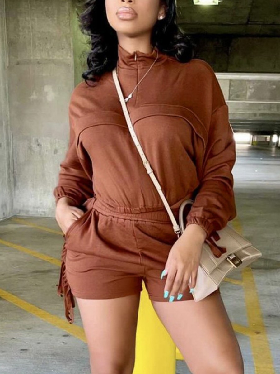 

LW Tassel Design Solid Basic Shorts Set, Coffee
