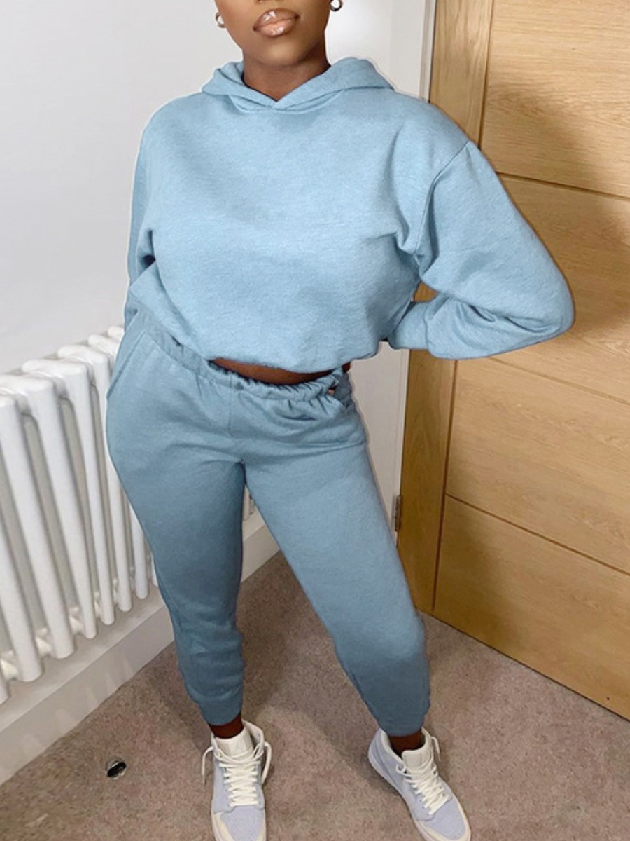 

LW BASICS Pullover Crop Top Solid Pants Set, Blue