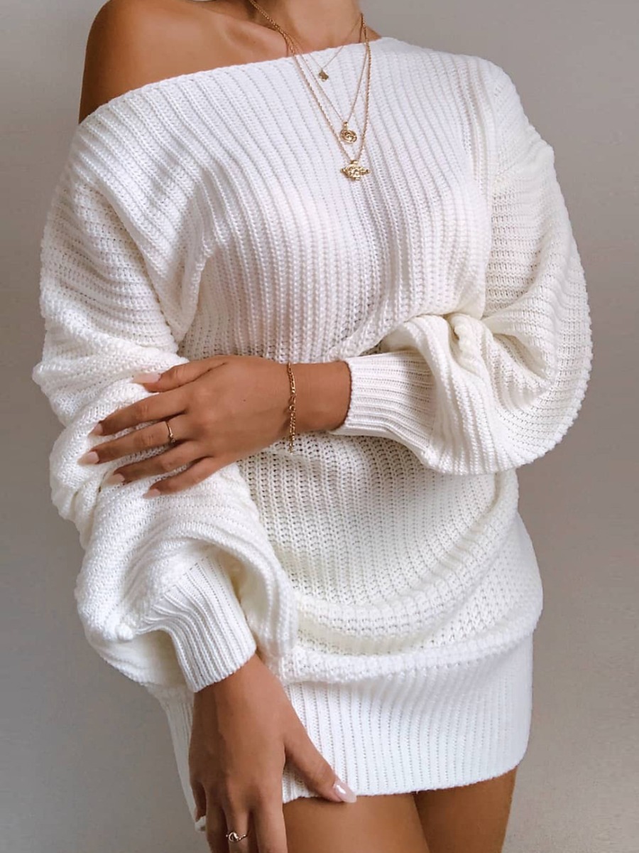 

LW Knit Drop Shoulder Lantern Sleeve Sweater Dress, White