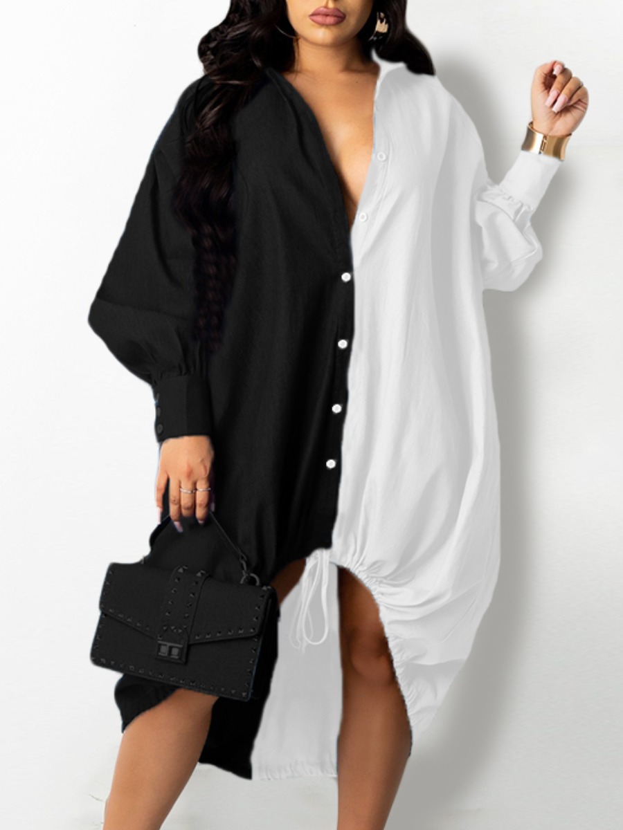 

LW Drawstring Patchwork Baggy Shirt Dress, Black
