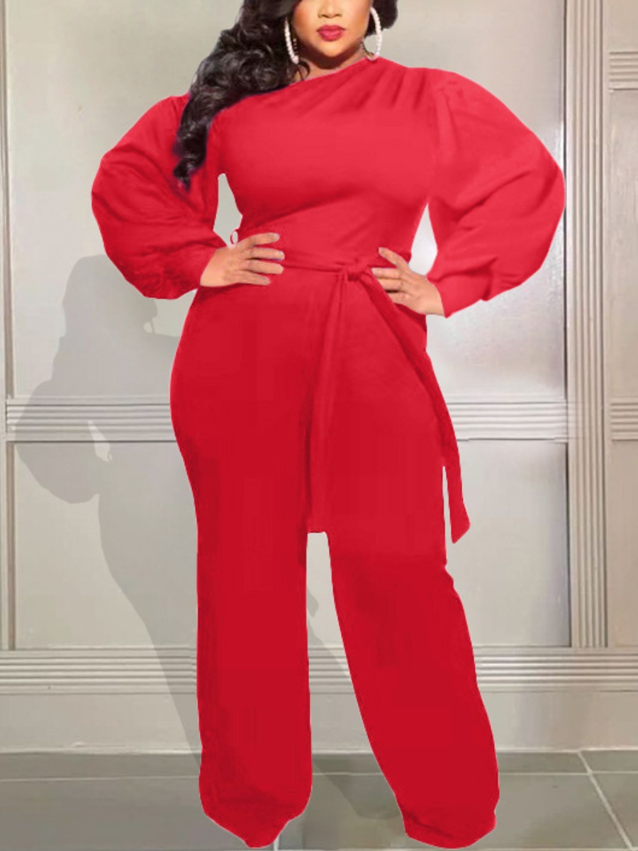 

LW Plus Size Oblique Shoulder Bandage Design Basic Jumpsuit, Red