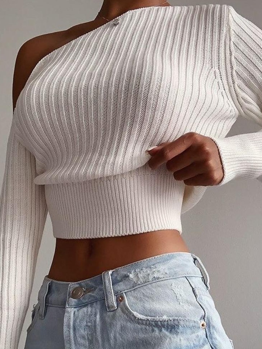 

LW Oblique Shoulder Crop Top Sweater, White