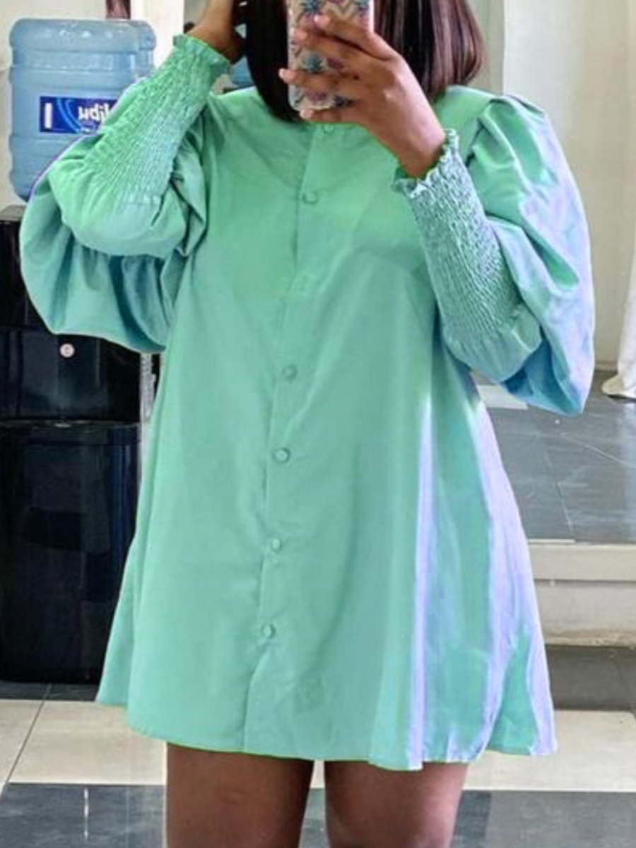 

LW Puff Sleeve Ruffle Design Shirt Dress, Light green